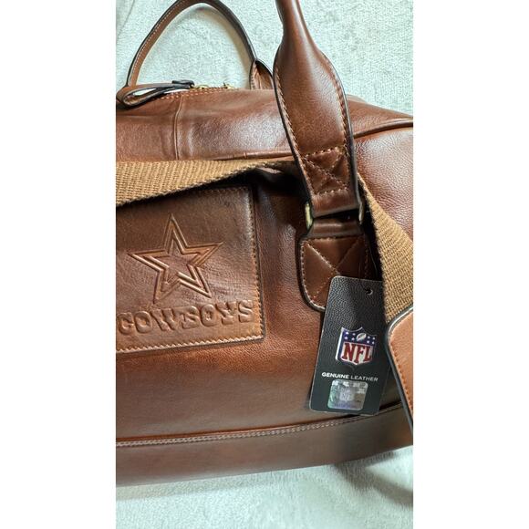 NFL Dallas Cowboys Brown Genuine Leather Weekender Duffel Bag New With Tags - Picture 9 of 16